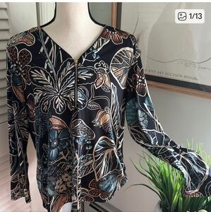 Punt Roma Floral Black Knit 1/4 Zip Blouse Large